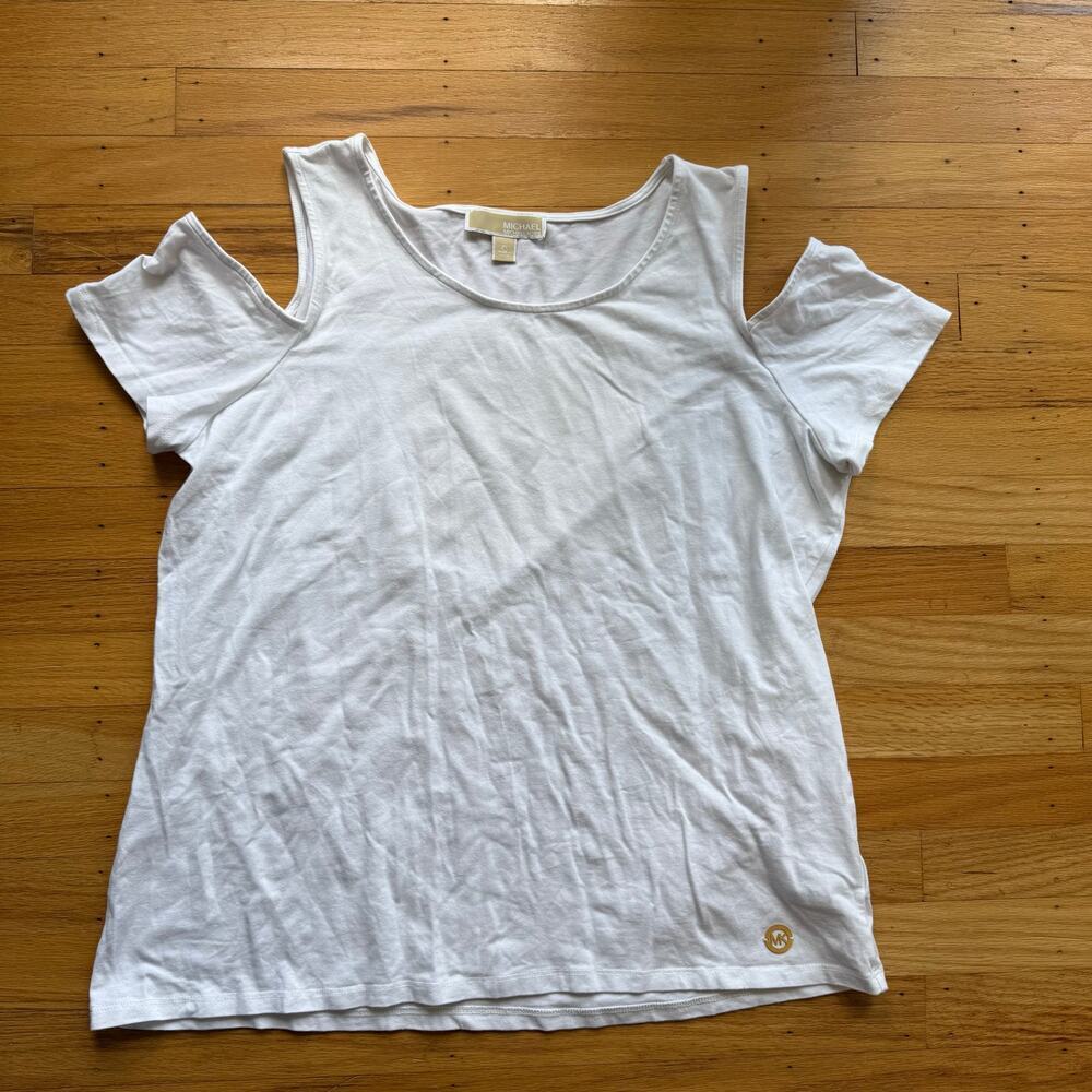 Michael Kors White Cold Shoulder Knit Shirt Size L Nautical Stretch Basics